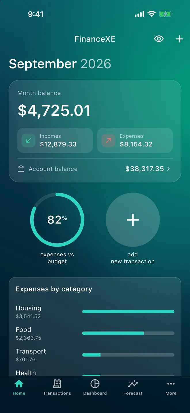 FinanceXE home screen with the monthly balance