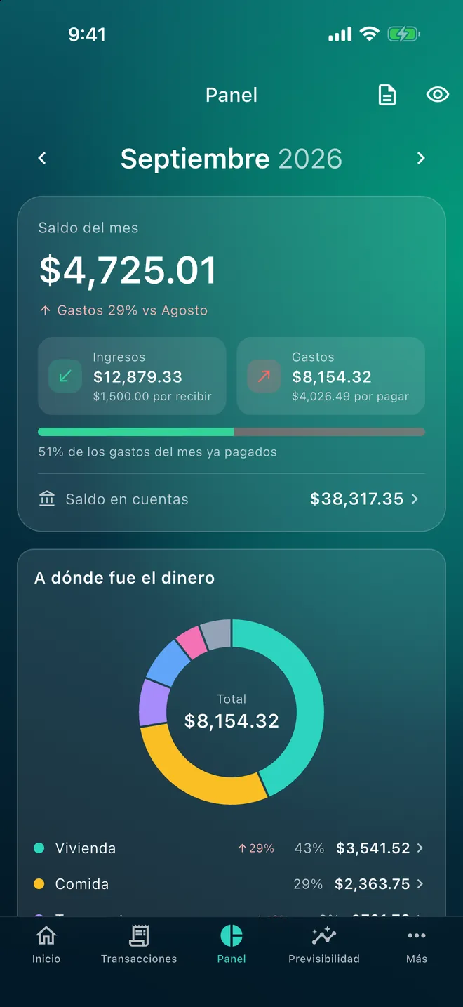 Panel con gastos por categoría