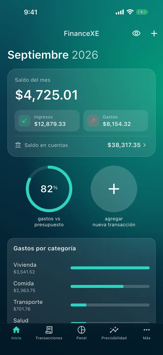 Pantalla de inicio de FinanceXE con el saldo del mes